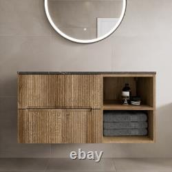 1000mm Bathroom Vanity Unit Grey Marble Countertop Wall Hung Fluted Oak Unit