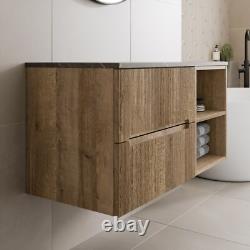 1000mm Bathroom Vanity Unit Grey Marble Countertop Wall Hung Fluted Oak Unit