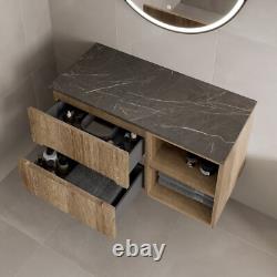 1000mm Bathroom Vanity Unit Grey Marble Countertop Wall Hung Fluted Oak Unit