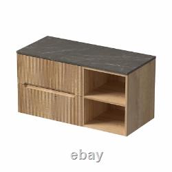 1000mm Bathroom Vanity Unit Grey Marble Countertop Wall Hung Fluted Oak Unit