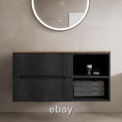 1000mm Bathroom Vanity Unit Oak Countertop Wall Hung Fluted Black Unit No Basin