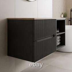 1000mm Bathroom Vanity Unit Oak Countertop Wall Hung Fluted Black Unit No Basin