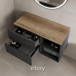 1000mm Bathroom Vanity Unit Oak Countertop Wall Hung Fluted Black Unit No Basin