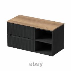 1000mm Bathroom Vanity Unit Oak Countertop Wall Hung Fluted Black Unit No Basin
