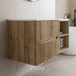 1000mm Bathroom Vanity Unit White Marble Countertop Wall Hung Fluted Oak Unit