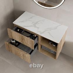 1000mm Bathroom Vanity Unit White Marble Countertop Wall Hung Fluted Oak Unit