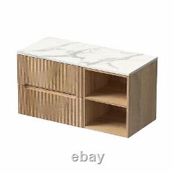 1000mm Bathroom Vanity Unit White Marble Countertop Wall Hung Fluted Oak Unit