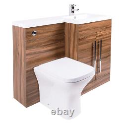 1100mm RH Walnut L Shape Bathroom Vanity Unit with Basin + Back To Wall Toilet