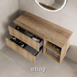 1200mm Bathroom Vanity Unit Countertop Wall Hung Drawer Fluted Oak Unit No Basin