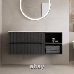 1200mm Bathroom Vanity Unit White Marble Countertop Wall Hung Fluted Black Unit