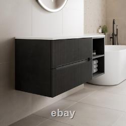 1200mm Bathroom Vanity Unit White Marble Countertop Wall Hung Fluted Black Unit