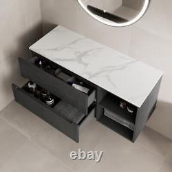 1200mm Bathroom Vanity Unit White Marble Countertop Wall Hung Fluted Black Unit