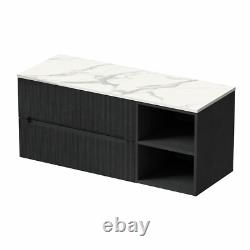 1200mm Bathroom Vanity Unit White Marble Countertop Wall Hung Fluted Black Unit