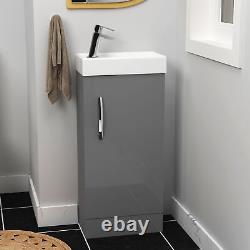 400mm Floor Standing Cloakroom Vanity Unit Indigo Grey Gloss Cabinet Ceramic