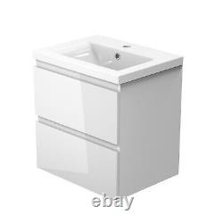 500 600mm Vanity Unit Basin Sink Gloss White Wall Hung Bathroom Cabinet 2 Drawer