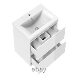 500 600mm Vanity Unit Basin Sink Gloss White Wall Hung Bathroom Cabinet 2 Drawer