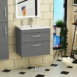 500mm Bathroom Vanity Unit Grey Gloss Wall Hung Basin Sink 2-Drawer Cabinet