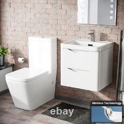 500mm White Wall Hung Vanity Basin Unit & Square Rimless Toilet Emere