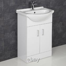 550mm Bathroom Vanity Unit & Basin Sink Gloss White Floorstanding Tap + Waste