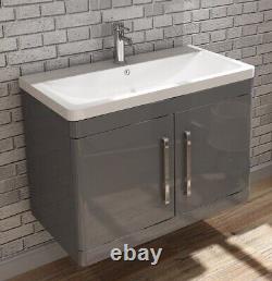 600 / 800 Grey Wall Hung Bathroom Vanity Unit & Storage Sink Basin 2 Doors