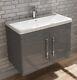 600 / 800 Grey Wall Hung Bathroom Vanity Unit & Storage Sink Basin 2 Doors