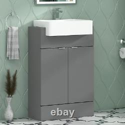 600 Floor Standing Bathroom Vanity Unit Grey Gloss 2 Door Semi Recessed Basin