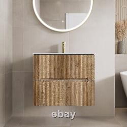 600mm Bathroom Cloakroom Vanity Unit Basin Sink Wall Hung Fluted Oak Unit