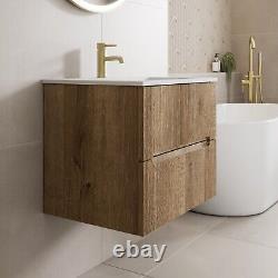 600mm Bathroom Cloakroom Vanity Unit Basin Sink Wall Hung Fluted Oak Unit