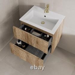 600mm Bathroom Cloakroom Vanity Unit Basin Sink Wall Hung Fluted Oak Unit