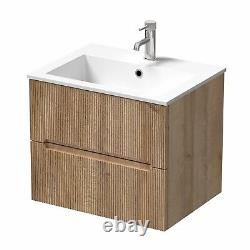 600mm Bathroom Cloakroom Vanity Unit Basin Sink Wall Hung Fluted Oak Unit