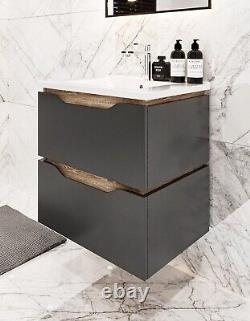 600mm Bathroom Vanity Unit Dark Grey wood Wall Hung Composite Basin Soft Close