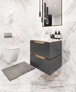 600mm Bathroom Vanity Unit Dark Grey wood Wall Hung Composite Basin Soft Close