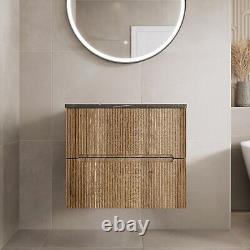 600mm Bathroom Vanity Unit Grey Marble Countertop Wall Hung Fluted Oak Unit