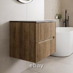 600mm Bathroom Vanity Unit Grey Marble Countertop Wall Hung Fluted Oak Unit