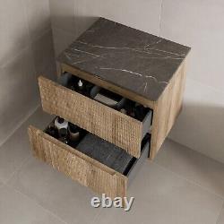 600mm Bathroom Vanity Unit Grey Marble Countertop Wall Hung Fluted Oak Unit