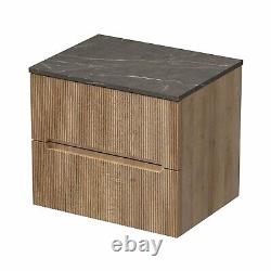 600mm Bathroom Vanity Unit Grey Marble Countertop Wall Hung Fluted Oak Unit