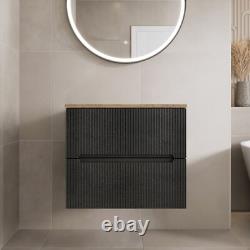 600mm Bathroom Vanity Unit Oak Countertop Wall Hung Fluted Black Unit No Basin