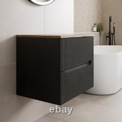 600mm Bathroom Vanity Unit Oak Countertop Wall Hung Fluted Black Unit No Basin
