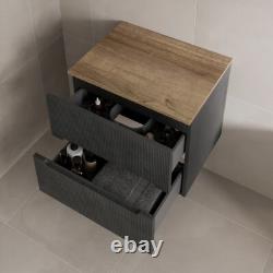 600mm Bathroom Vanity Unit Oak Countertop Wall Hung Fluted Black Unit No Basin