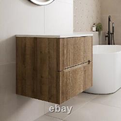600mm Bathroom Vanity Unit White Marble Countertop Wall Hung Fluted Oak Unit