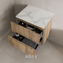 600mm Bathroom Vanity Unit White Marble Countertop Wall Hung Fluted Oak Unit