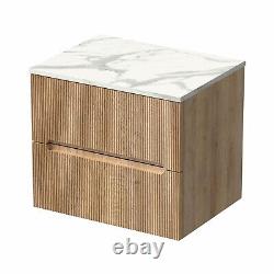 600mm Bathroom Vanity Unit White Marble Countertop Wall Hung Fluted Oak Unit