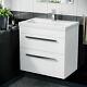 600mm Gloss White 2 Drawer Wall Hung Basin Vanity Cabinet With Ceramic Sink Unit