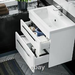 600mm Gloss White 2 Drawer Wall Hung Basin Vanity Cabinet with Ceramic Sink Unit