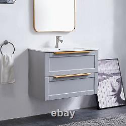600mm Grey Bathroom Vanity Unit Wall Hung Cabinet Two Drawers With Ceramic Sink