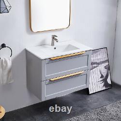 600mm Grey Bathroom Vanity Unit Wall Hung Cabinet Two Drawers With Ceramic Sink