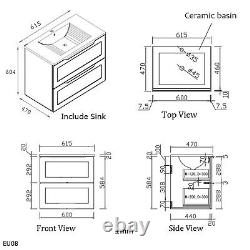 600mm Grey Bathroom Vanity Unit Wall Hung Cabinet Two Drawers With Ceramic Sink