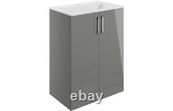 600mm Grey Gloss Floor Standing 2-Door Bathroom Vanity Unit Square Modern Basin