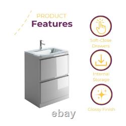 600mm Grey Gloss Vanity Unit Floor Standing Unit Glass Basin Sink 2 Drawer