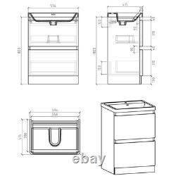 600mm Grey Gloss Vanity Unit Floor Standing Unit Glass Basin Sink 2 Drawer